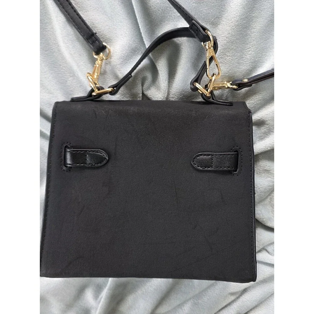 Black Structured Box Crossbody Bag Gold Turn Lock Top Handle Shoulder Purse